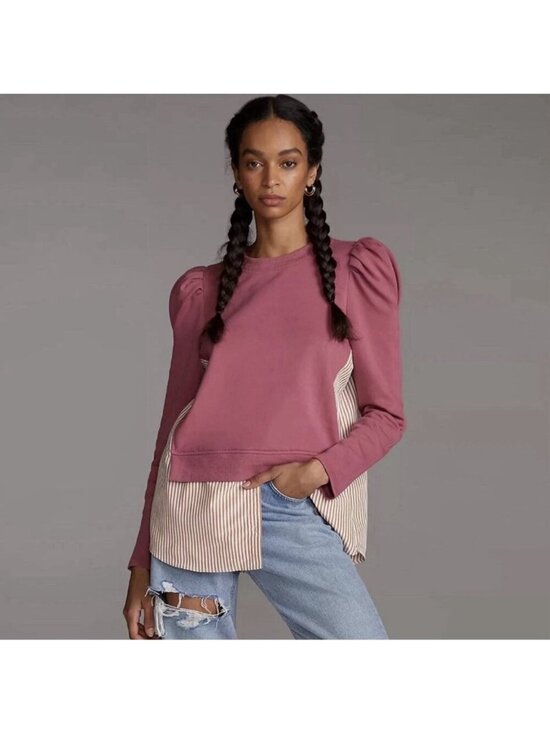 Anthropologie Tops - Anthropologie Maeve Puff Sleeve Twofer Layered Tunic Sweatshirt Pink Combo Sz XL
